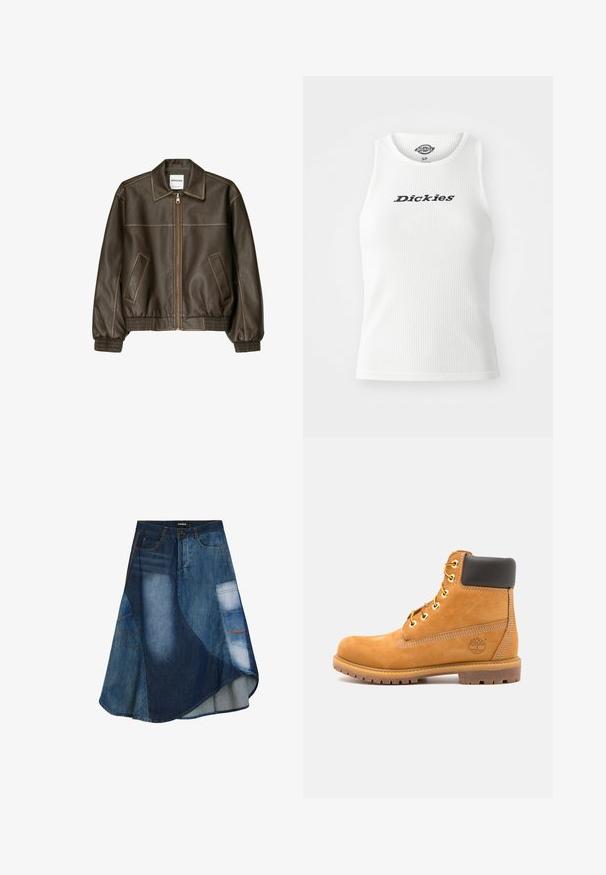 Jachetă bomber din piele maro cu fermoar frontal, guler ascuțit, manșete și tiv elasticizate și buzunare laterale. Costică contrastantă vizibilă.; Tricou alb cu nervuri, cu decolteu rotund și fără mâneci, având „Dickies” scris cu litere negre pe piept.; Fustă din denim cu un amestec de nuanțe de albastru, design evazat, margine unghiulară, închidere cu buton frontal și detalii cu buzunare utilitare.; Botă din piele maro până la gleznă, cu umplutură neagră, ochiuri aurii și o talpă texturată. Prezintă un logo circular pe lateral și accente de cusătură.