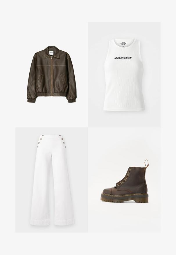 Barna bőr bombázó dzseki, elől cipzárral, hegyes gallérral, elasztikus mandzsettákkal és alsó résszel, valamint oldalsó zsebekkel. Kontrasztos varrás látható.; Fehér bordázott ujjatlan felső kerek nyakkivágással, a mellkason fekete betűkkel "Dickies" felirattal.; Fehér, bő szárú pamut nadrág, nagy díszgombokkal az oldalán, sima textúrával és tiszta varrásokkal.; Barna bőr bokacsizma, kerek orrral, kontrasztáló sárga varrással, dekoratív fém szemölcsökkel és bordázott gumitalppal.