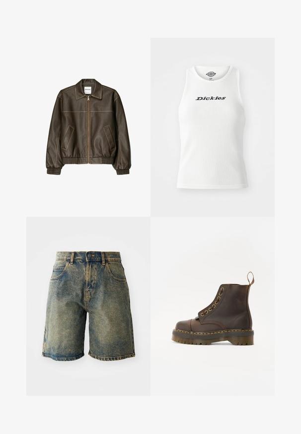 Barna bőr bombázó dzseki, elől cipzárral, hegyes gallérral, elasztikus mandzsettákkal és alsó résszel, valamint oldalsó zsebekkel. Kontrasztos varrás látható.; Fehér bordázott ujjatlan felső kerek nyakkivágással, a mellkason fekete betűkkel "Dickies" felirattal.; Kopott kék színű farmerrövidnadrág, öt zsebből áll, gombos záródással és megfröccsentett szegéllyel, enyhén kopottas textúrával.; Barna bőr bokacsizma, kerek orrral, kontrasztáló sárga varrással, dekoratív fém szemölcsökkel és bordázott gumitalppal.