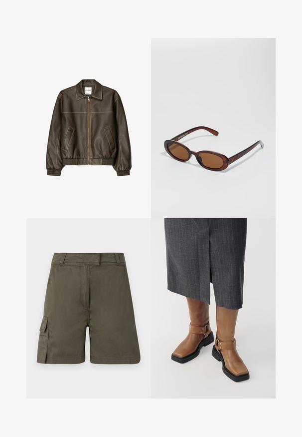 Rjava usnjena bomberska jakna z zadrgo spredaj, s koničastim ovratnikom, elastičnimi manšetami in robom, ter stranskimi žepi. Vidna kontrastna šivana.; Bela kratka majica s kratkimi rokavi iz bombaža. Ima okroglo izrezovanje in sproščen kroj. Gladka tekstura brez vidnih vzorcev ali poudarkov.; Olive zelene cargo kratke hlače z ravnim krojem, majhnim stranskim žepom in gumbom za zapiranje. Narejene iz trpežnega blaga z gladko teksturo.; Rjave usnjene škornje do kolen s kvadratnim nosom, črnimi gumijastimi podplati in nastavljivim detajlom z zaponko. Oblečeni so z sivo krilnico s črtami.; Okrogle, rjavo obarvane sončne naočare z sijočim burgundskim okvirjem. Tanek nosilec s subtilnim logotipom. Oblika leč je ravna.