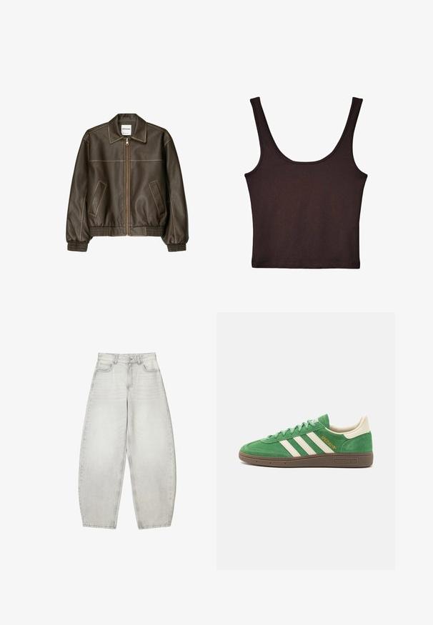 Smeđa kožna bomber jakna s patent-zatvaračem sprijeda, šiljatim ovratnikom, elastičnim manžetama i rubom, te bočnim džepovima. Vidljivo kontrastno šivanje.; Tamno smeđa rebrasta majica bez rukava sa širokim naramenicama i prilagođenim krojem. Tkanina je mekana sa glatkom teksturom i kraćim krojem.; Svijetlosivi široki traperice od jeansa s izblijedjelim završetkom. Sadrže prednje i stražnje džepove, kopčanje na gumb i petlje za remen.; Zeleni antilop tenisice s bijelim dizajnom od tri pruge, kremastim detaljima i smešnim teksturiranim đonom. "SPEZIAL" izvezen zlatnim koncem sa strane.