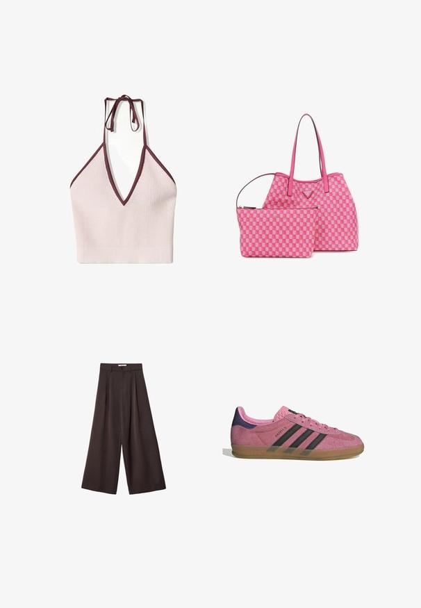 Giacca bomber in pelle marrone con zip frontale, colletto a punta, polsini e fondo elasticizzati, e tasche laterali. Cuciture in contrasto visibili.; Top halter a maglia di un rosa chiaro con scollo a V profondo e bordi color bordeaux. Presenta lacci regolabili sul retro e una texture a coste.; Pantaloni neri a gamba larga con vita alta, caratterizzati da pieghe frontali e chiusura con bottone in vita, realizzati in tessuto liscio.; Sneaker in suede rosa con strisce nere, suola in gomma e tallone texturizzato viola. Presenta un design con lacci e un marchio in rilievo sul lato.; Borsa a spalla a motivo chevron rosa con una pochette più piccola abbinata; presenta materiale liscio, doppi manici e dettagli in logo dorati.