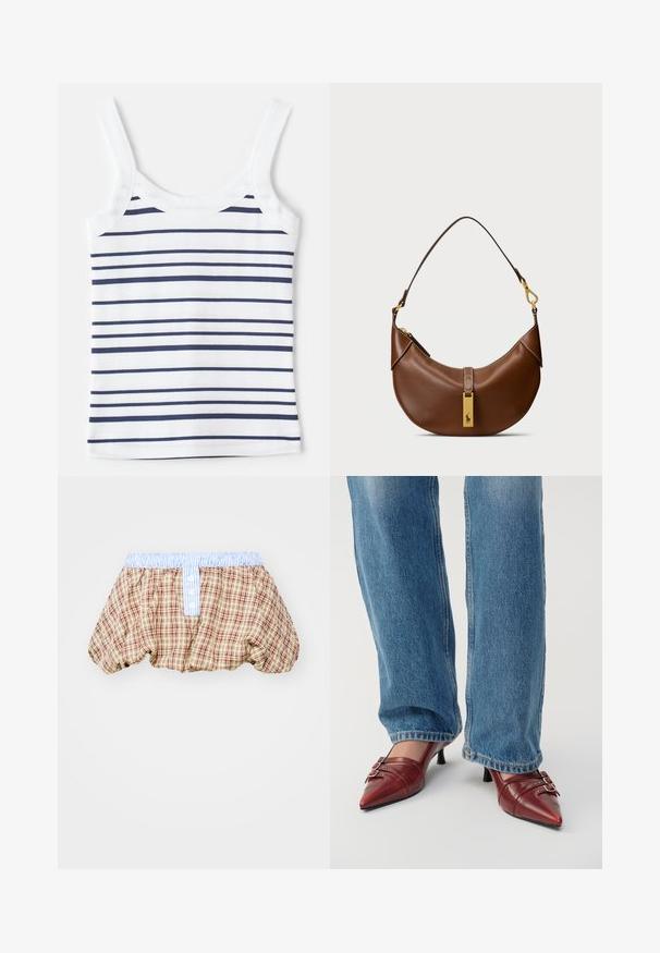 Rjava usnjena bomberska jakna z zadrgo spredaj, s koničastim ovratnikom, elastičnimi manšetami in robom, ter stranskimi žepi. Vidna kontrastna šivana.; Prugasta majica na bretele s bijelim i tamnoplavi horizontalnim prugama, izrađena od rebraste tkanine. Uključuje široke naramenice i okrugli izrez.; Karirane pufaste hlače v rjavi, bež in rdeči barvi z lahnim modrim pasom z črtami in gumbnimi detajli spredaj.; Rdeče usnjene čevlje s koničastim prstom in majhnim peto, okrašene s horizontalnim šivom in dvema srebrnima zaponkama, nosi s modrimi kavbojkami.; Rjava usnjena torba za ramensko nošenje s ukrivljeno obliko, zlatim dodatkom, detajlom na zgornjem zapiranju in logotipom. Gladka tekstura s šivi.