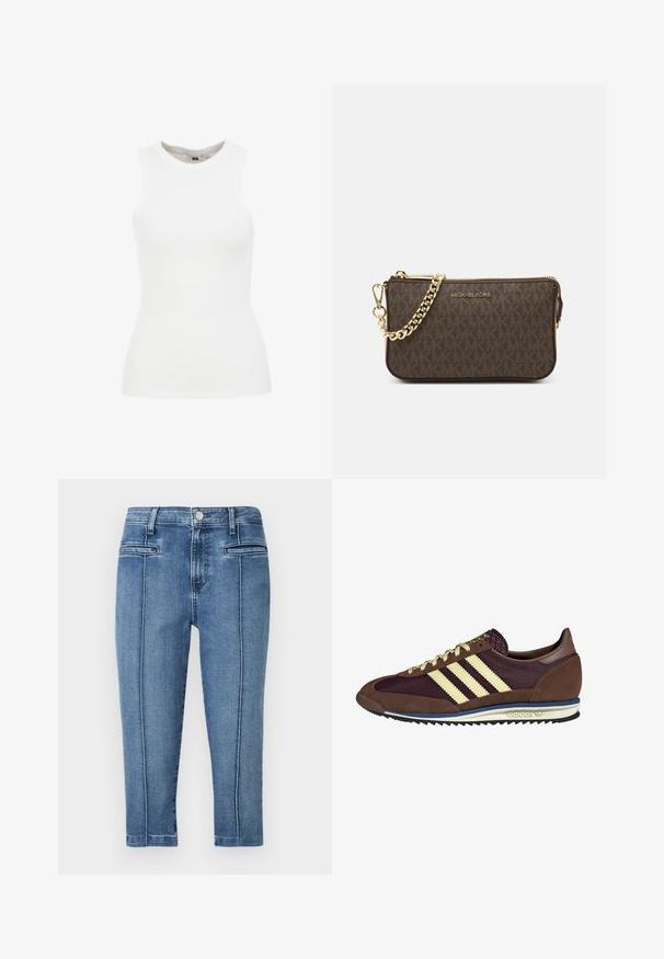 Ruskea nahkainen pommikonejacketti, jossa on vetoketjullinen etuosa, terävä kaulus, joustavat hihansuut ja helma sekä sivutaskut. Näkyvää kontrastiväristä ompelua.; WE Fashion SINGLET - Toppi - white; Farkuhousut keskipunassa, joissa on viisi taskua, suora leikkaus ja kontrastisaumat sivusaumoissa.; Ruskea ja burgundin värinen lenkkari, jossa on yksityiskohtina mokkaa ja verkkomateriaalia, kolmea kermaista raitaa, tekstuuripinta kielekkeessä ja kumipohja.; Ruskea nahkainen olkalaukku, jossa on logokuvio, kultaketjuolkaint, vetoketjukiinnitys ja kultaiset metalliosat. Kompakti ja suorakulmainen muoto.