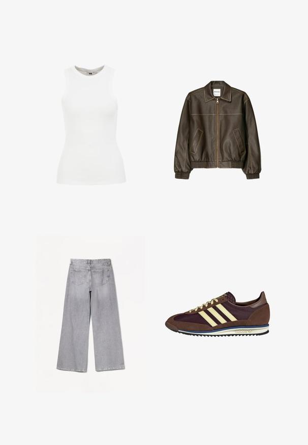 Brun läderbomberjacka med dragkedja fram, spetsig krage, elastiska manschetter och nederkant, samt sidofickor. Kontrastsydda sömmar synliga.; WE Fashion SINGLET - Linne - white; Bershka WIDE-LEG - Wide leg - grey; Bruna och burgundy sneakers i mocka och mesh-material, med tre krämfärgade ränder, textil på tungan och en gummisula.