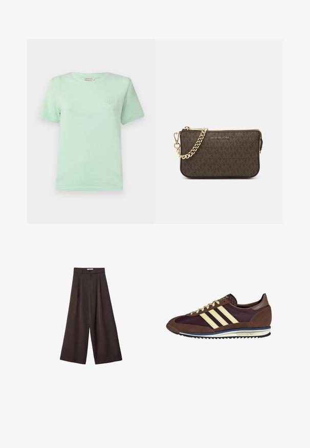 Brązowa skórzana kurtka bomberka z zapięciem na zamek, spiczastym kołnierzem, elastycznymi mankietami i dołem oraz bocznymi kieszeniami. Widoczne kontrastowe szwy.; Miętowa koszulka z krótkim rękawem wykonana z bawełny. Posiada okrągły dekolt i subtelne, haftowane logo na piersi. Gładka faktura.; Czarne spodnie z szerokimi nogawkami i wysokim stanem, z plisami z przodu oraz zapięciem na guzik w talii, wykonane z gładkiego materiału.; Brązowe i burgundowe sneakersy wykonane z zamszu i siateczkowych materiałów, z trzema kremowymi paskami, teksturowanym materiałem na języku i gumową podeszwą.; Brązowa skórzana torebka na ramię z wzorem logo, złotym łańcuszkiem na pasku, zapięciem na zamek błyskawiczny oraz złotymi akcentami. Kompaktowy i prostokątny kształt.