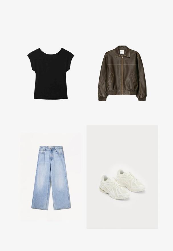 Brun läderbomberjacka med dragkedja fram, spetsig krage, elastiska manschetter och nederkant, samt sidofickor. Kontrastsydda sömmar synliga.; Svart kortärmad topp med vid halsringning och lös passform. Tillverkad av mjukt tyg utan synliga mönster eller dekorationer.; Bershka WIDE-LEG - Wide leg - light-blue denim; Vita sportskor i vitt med mesh och syntetiska material, snörningsdesign, vadderad krage och texturerad sula för grepp. Lättviktig konstruktion.