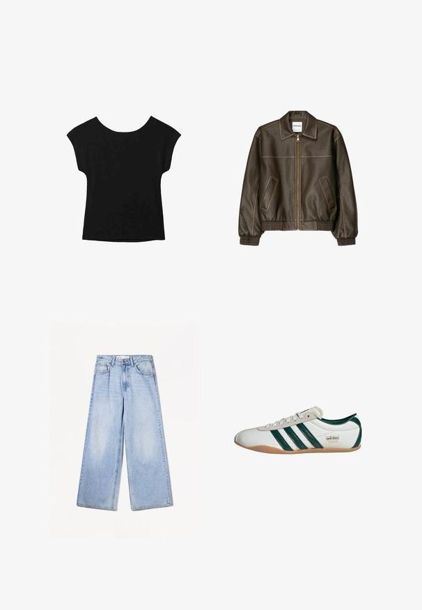 Hnědá kožená bombardovací bunda se zipem vpředu, špičatým límcem, elastickými manžetami a spodním lemem a bočními kapsami. Viditelné kontrastní švy.; Černý top s krátkým rukávem, širším výstřihem a volným střihem. Vyrobeno z měkké látky bez viditelných vzorů nebo ozdob.; Bershka WIDE-LEG - Wide leg - light-blue denim; Bílé tenisky se zelenými pruhy, svrchní část ze semiše a syntetického materiálu, podrážka z gumy, kulatá špička a detail loga "adidas TOKYO".