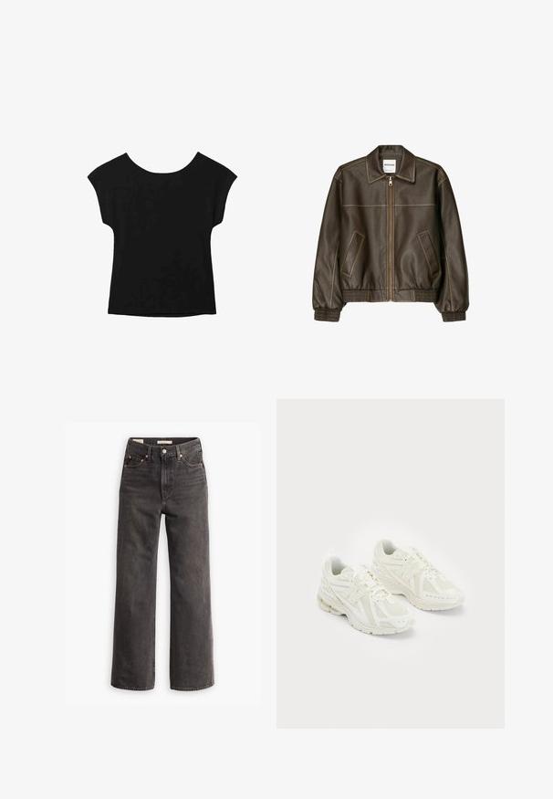 Giacca bomber in pelle marrone con zip frontale, colletto a punta, polsini e fondo elasticizzati, e tasche laterali. Cuciture in contrasto visibili.; Top nero a maniche corte con scollatura ampia e vestibilità ampia. Realizzato in tessuto morbido senza pattern o decorazioni visibili.; Jeans a vita alta e gamba larga in denim grigio scuro, con tasche frontali, rivetti in rame in contrasto e una finitura pulita senza decorazioni.; Scarpe sportive bianche realizzate in materiali sintetici e in rete, con lacci, colletto imbottito e suola testurizzata per migliorare la grip. Costruzione leggera.