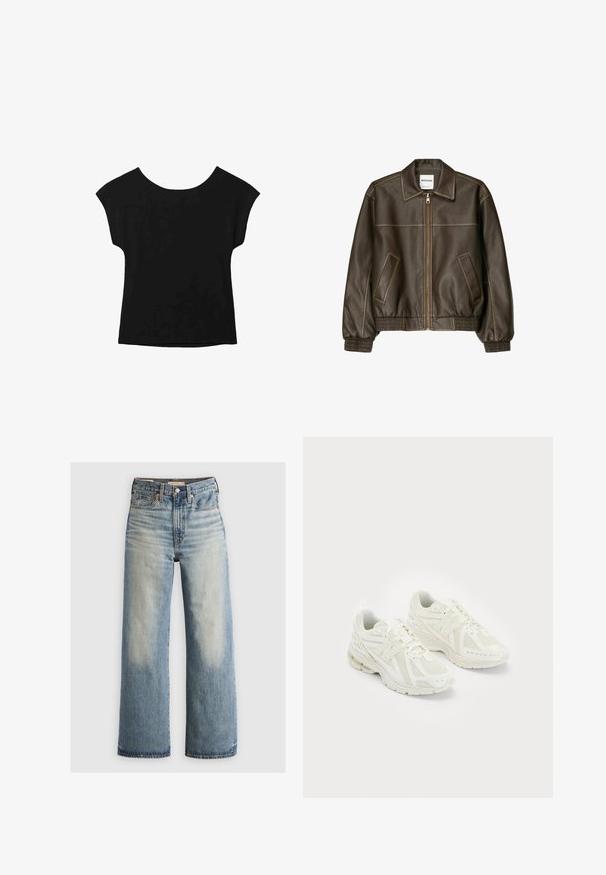 Veste bomber en cuir marron avec fermeture éclair à l'avant, col pointu, poignets et ourlet élastiqués, et poches latérales. Coutures contrastées visibles.; Haut noir à manches courtes avec un large col et une coupe ample. Fabriqué en tissu doux sans motifs ni embellissements visibles.; Jeans en denim bleu à jambes larges avec un délavage clair, taille haute, design à cinq poches et matériel en laiton. Accents décolorés à l'avant et à l'arrière.; Baskets de sport blanches en matériaux mesh et synthétiques, design à lacets, col rembourré et semelle texturée pour l'adhérence. Construction légère.