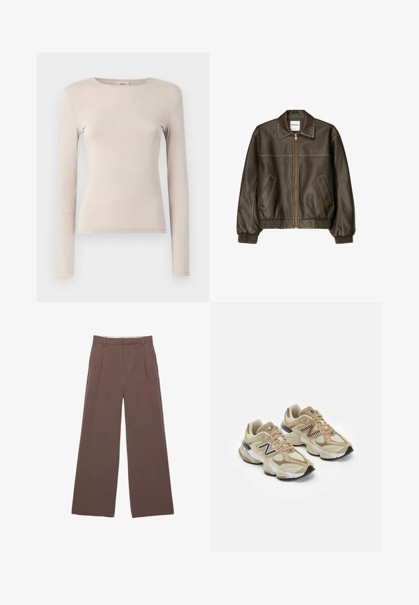 Rjava usnjena bomberska jakna z zadrgo spredaj, s koničastim ovratnikom, elastičnimi manšetami in robom, ter stranskimi žepi. Vidna kontrastna šivana.; Dolgi rokav svetlo bež top iz mehkega blaga. Ima krožno ovratnico in prilegajoči kroj, z minimalnimi šivi.; Hlače širokih nogavic v enotni rjavi tkanini, z gladko teksturo, sprednjimi pregibi in natančno oblikovanim pasom. Brez vidnih logotipov ali vzorcev.; Bež teniske z mrežastim in semiš materialom. Imajo črn logo in teksturirane detajle. Debela bela srednja podloga in črn gumijast podplat.