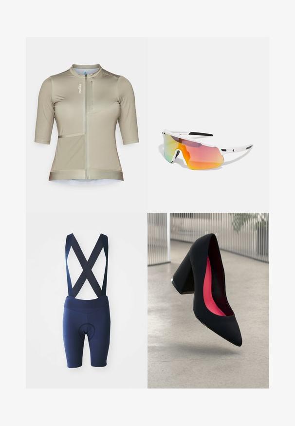Hnedá kožená bomber bunda so zipsovým zapínaním vpredu, špicatej golierom, elastickými manžetami a spodným okrajom, a bočnými vreckami. Viditeľné kontrastné šitie.; Cyklistický dres s krátkym rukávom v svetlej béžovej farbe, s predným zipsom, textúrovanou tkaninou a zipsovým vreckom na hrudi.; Námornícky cyklistický dres s prekríženými ramienkami, priedušná tkanina, polstrovaná sedacia časť a textúrované detaily pozdĺž nôh.; Čierna lodička na vysokom opätku s špicatou špičkou, štruktúrovaným povrchom a živým ružovým interiérom. Obsahuje robustný opätok so strieborným akcentom.; Sweet Protection SHINOBI UNISEX - Slnečné okuliare - rig topaz/satin white