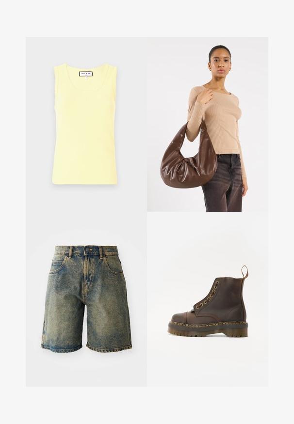 Barna bőr bombázó dzseki, elől cipzárral, hegyes gallérral, elasztikus mandzsettákkal és alsó résszel, valamint oldalsó zsebekkel. Kontrasztos varrás látható.; Sárga bordázott ujjatlan felső kerek nyakkivágással, fodros szélekkel és középen egy kis, dombornyomott logóval. Puha anyagból készült, rövid ujjú.; Kopott kék színű farmerrövidnadrág, öt zsebből áll, gombos záródással és megfröccsentett szegéllyel, enyhén kopottas textúrával.; Barna bőr bokacsizma, kerek orrral, kontrasztáló sárga varrással, dekoratív fém szemölcsökkel és bordázott gumitalppal.; Barna bőr hobo táska, laza fazonú és sima textúrájú. Egy modell viseli hétköznapian, nagy nyílással és lekerekített formával.