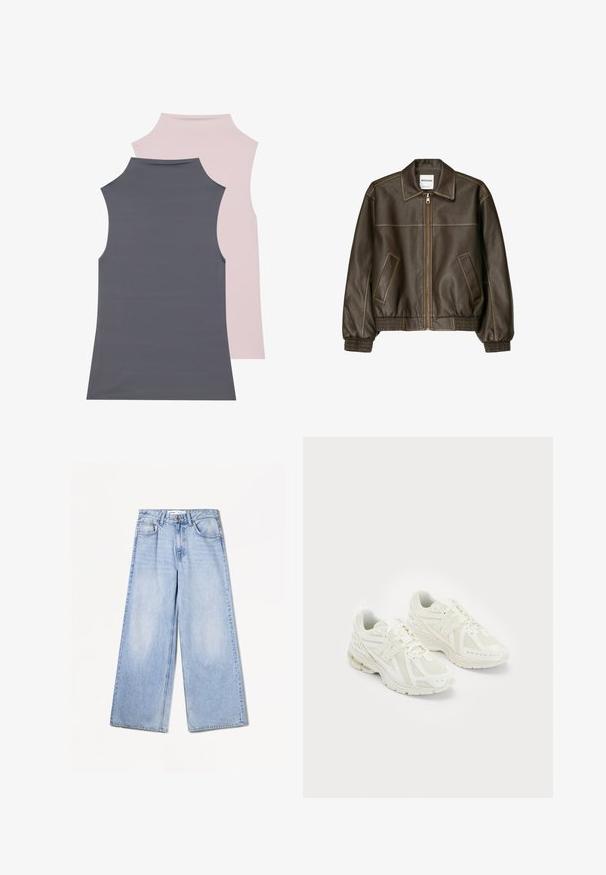 Barna bőr bombázó dzseki, elől cipzárral, hegyes gallérral, elasztikus mandzsettákkal és alsó résszel, valamint oldalsó zsebekkel. Kontrasztos varrás látható.; Két ujjatlan felső puha anyagból; az egyik szürke, a másik világos rózsaszín. Mindkettőnek magas nyaka és sima textúrája van.; Bershka WIDE-LEG - Széles szárú - light-blue denim; Fehér sportcipők hálós és szintetikus anyagokból, fűzős dizájn, párnázott bokarésszel és érdes talppal a tapadás érdekében. Könnyű felépítés.