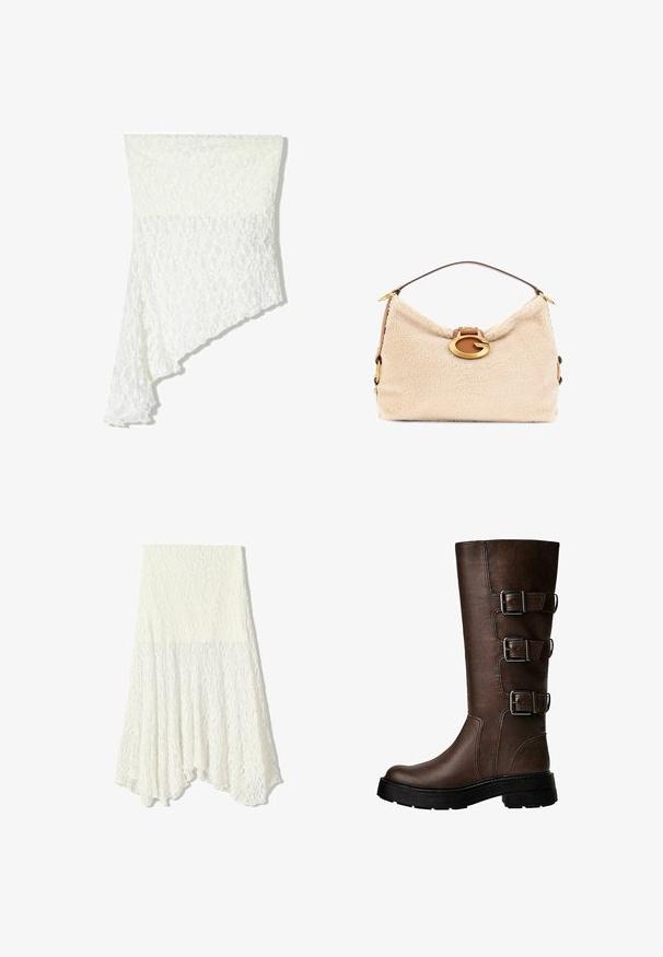 Rjava usnjena bomberska jakna z zadrgo spredaj, s koničastim ovratnikom, elastičnimi manšetami in robom, ter stranskimi žepi. Vidna kontrastna šivana.; Bela čipkasta šal s asimetričnim dizajnom, ki vključuje teksturiran vzorec, mehko tkanino in tekoč padajoč rob po eni strani.; Bela čipkasta krila z teksturno vzorcem, z asimetrično spodnjico in tekočo silhueto, izdelana iz lahkega materiala.; Rjavi usnjeni škornji do kolen s tremi kovinskimi zaponkami, teksturirana površina, okrogla kapica in robusten podplat za stabilnost.; Kremasta torbica iz umetnega ovčjega kožuha z ukrivljeno obliko, rjavimi usnjenimi poudarki in zaponko iz zlatega kovinskega okovja z imenom blagovne znamke.