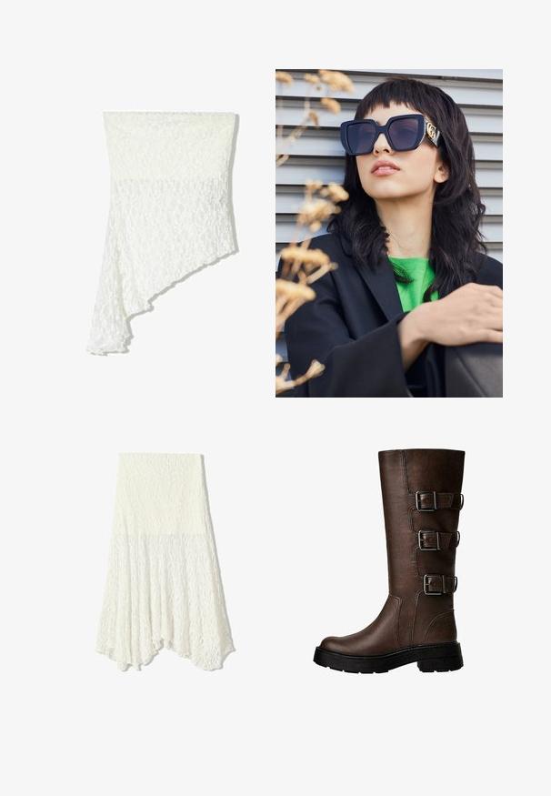 Ruskea nahkainen pommikonejacketti, jossa on vetoketjullinen etuosa, terävä kaulus, joustavat hihansuut ja helma sekä sivutaskut. Näkyvää kontrastiväristä ompelua.; Valkoinen pitsihuivi, jossa on epäsymmetrinen muotoilu, teksturoidut kuviot, pehmeä kangas ja virtaava roso toisella puolella.; Valkoinen pitsihame, jossa on teksturoitu kuvio, epäsymmetrinen helma ja soljuva siluetti, valmistettu kevyestä kankaasta.; Ruske nahke čizme do kolena s tri metalna kopčanja, teksturirana površina, zaobljen vrh i debeli đon za stabilnost.; Yli suuri musta aurinkolasit paksulla kehällä ja kultaisella korostuksella, käytetty mustan bleiserin ja kirkkaan vihreän paidan kanssa vaakasuoraa taustaa vasten.; Kermainen tekoturkislaukku kaarevalla muotoilulla, ruskeilla nahkakiinnikkeillä ja kultaisella lukolla, jossa on brändin nimi.