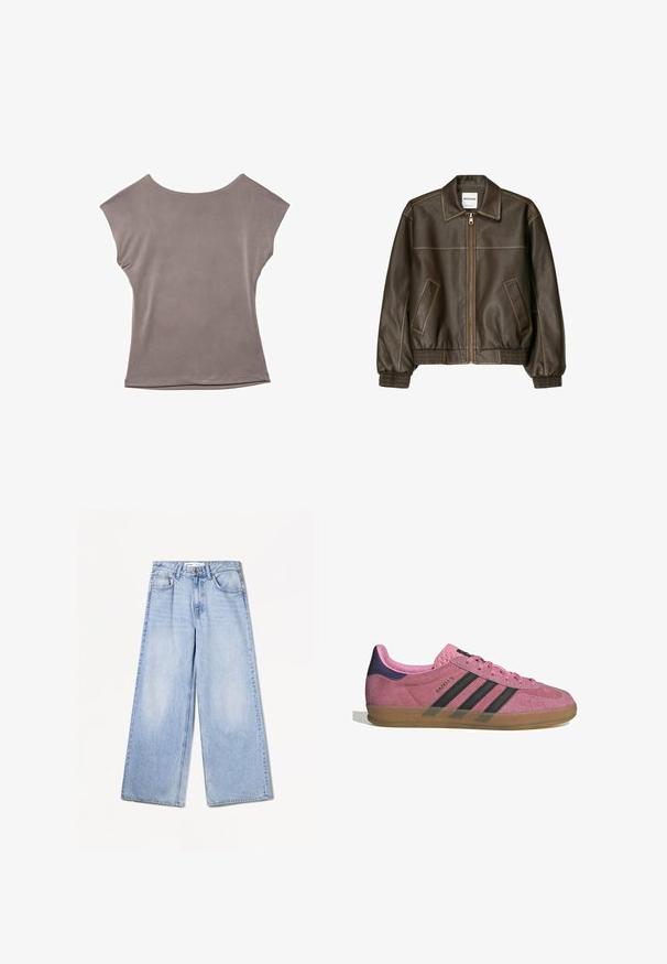 Brown leather bomber jacket with a zip front, pointed collar, elasticized cuffs and hem, and side pockets. Contrast stitching visible.; Gray short-sleeve top, relaxed fit, lightweight fabric, smooth texture, wide round neckline, minimal seams, and hemmed edges.; Bershka WIDE-LEG - Wide Leg - light-blue denim; Pink suede sneaker with black stripes, gum sole, and textured purple heel. Features a lace-up design and embossed branding on the side.