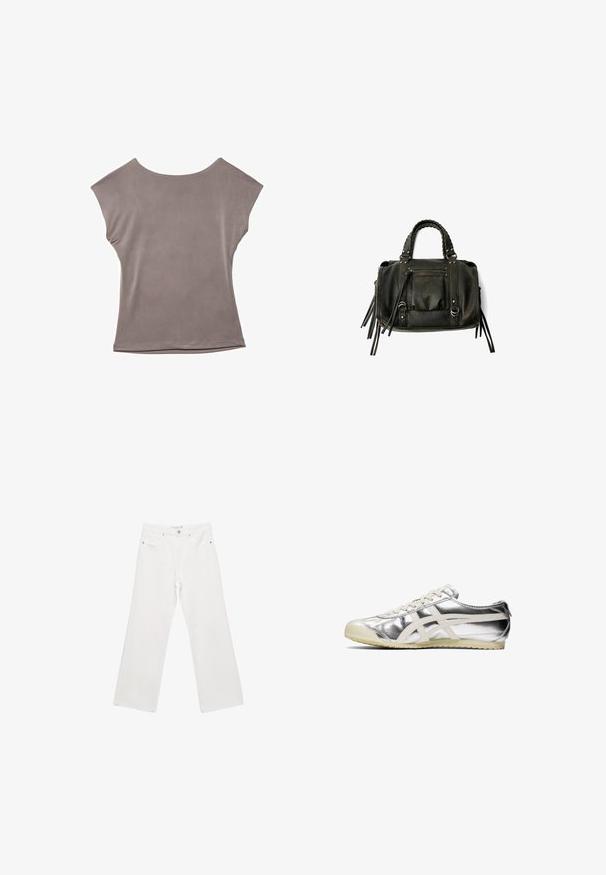 Giacca bomber in pelle marrone con zip frontale, colletto a punta, polsini e fondo elasticizzati, e tasche laterali. Cuciture in contrasto visibili.; Top grigio a maniche corte, vestibilità rilassata, tessuto leggero, texture liscia, ampio scollo rotondo, cuciture minimali e bordi rifiniti.; Pantaloni larghi in denim bianco con design a cinque tasche, dotati di minuteria metallica e cuciture a contrasto. Texture liscia e vestibilità rilassata.; Sneaker metallica argento con accenti e lacci bianchi. Presenta una superficie testurizzata, punta rotonda e una suola in gomma con un motivo per una migliore aderenza.; Borsa a tracolla in pelle nera con manici intrecciati, tasca con zip e nappine pendenti. Superficie texturizzata con borchie metalliche e dettagli in metallo.