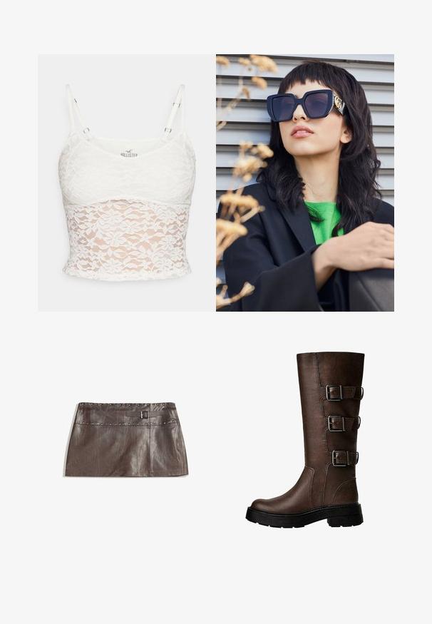 Giacca bomber in pelle marrone con zip frontale, colletto a punta, polsini e fondo elasticizzati, e tasche laterali. Cuciture in contrasto visibili.; Top in pizzo bianco con spalline regolabili, motivo floreale in pizzo e una silhouette aderente con fodera in un colore solido.; Minigonna in pelle marrone con vita decorata da borchie e passanti per cintura con fibbia, texture liscia e design aderente e dritto.; Stivale in pelle marrone alto fino al ginocchio con tre fibbie metalliche, superficie testurizzata, punta arrotondata e suola spessa per stabilità.; Occhiali da sole neri oversize con una montatura spessa e dettagli dorati, indossati con un blazer nero e una camicia verde brillante, su uno sfondo orizzontale.