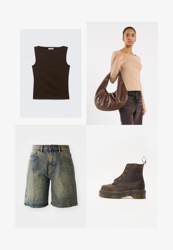 Braune Lederbomberjacke mit einem Reißverschluss vorne, spitzem Kragen, elastischen Bündchen und Saum sowie Seitentaschen. Sichtbare Kontrastnähte.; Brauner ärmelloser Top aus einem dehnbaren Stoff. Hat einen runden Ausschnitt und ein figurbetontes Design mit sauberen Kanten. Das Etikett trägt die Aufschrift "WEEKDAY."; Denimshorts in einem verblassten Blauton, ausgestattet mit fünf Taschen, einem Knopfverschluss und ausgefransten Säumen, mit einer leicht abgewetzten Textur.; Braune Leder-Ankleboots mit runder Spitze, kontrastierenden gelben Nähten, dekorativen Metallösen und rutschfester Gummisohle.; Braune Leder-Hobo-Tasche mit einem lässigen Design und glatter Textur. Von einem Modell leger getragen, mit einer großen Öffnung und runder Form.