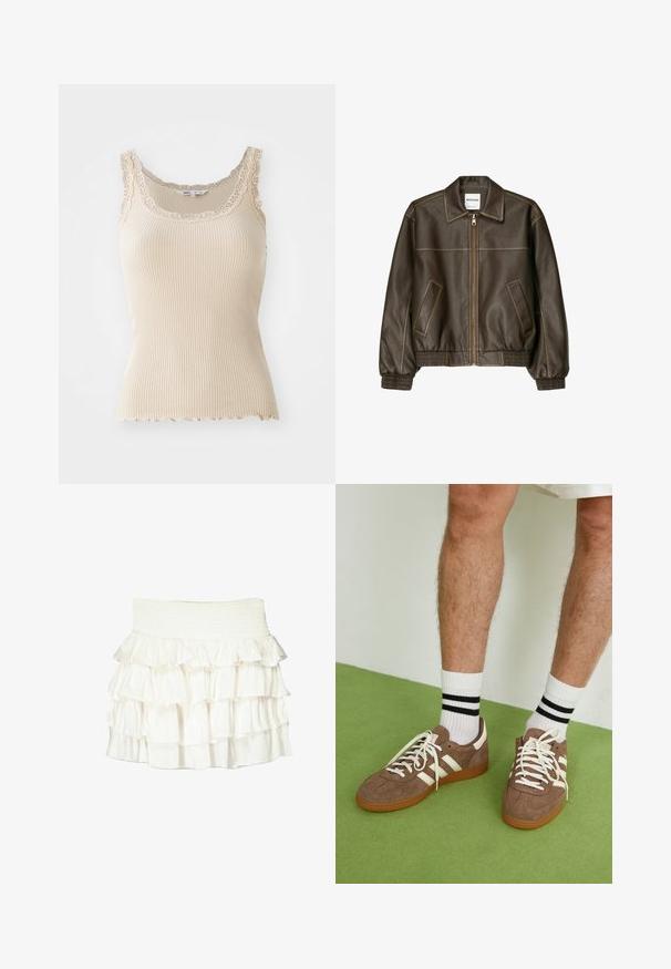 Brown leather bomber jacket with a zip front, pointed collar, elasticized cuffs and hem, and side pockets. Contrast stitching visible.; Beige ribbed tank top with lace trim along the neckline and straps. Scalloped hem detail, made from soft-textured fabric for comfort.; White ruffled skirt with a smocked waist. Features layered, sheer fabric ruffles that create a textured, flowing appearance.; Brown suede sneakers with white accents and laces. Rubber gum sole. Worn with white socks featuring black stripes. Green textured flooring.