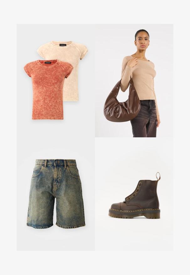 Bruine leren bomberjack met een ritssluiting aan de voorkant, puntige kraag, elastische manchetten en zoom, en zijzakken. Contrasterende stiksels zijn zichtbaar.; Twee korte mouw, ronde hals t-shirts in vervaagd rood en beige kleuren. De stof heeft een gewassen textuur met contrasterende stiksels.; Denim shorts in een vervaagde blauwe kleur, met vijf zakken, een knoopsluiting en versleten zoomranden, met een licht beschadigde textuur.; Bruine leren enkellaars met een ronde neus, contrasterende gele stiksels, decoratieve metalen oogjes en een gegroefd rubberen zool.; Bruine lederen hobo tas met een slordig ontwerp en een gladde textuur. Casual gedragen door een model, met een grote opening en een ronde vorm.