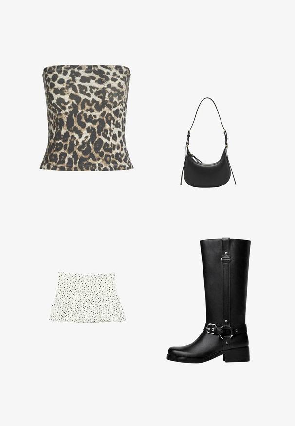 Hnědá kožená bombardovací bunda se zipem vpředu, špičatým límcem, elastickými manžetami a spodním lemem a bočními kapsami. Viditelné kontrastní švy.; Top bez ramínek s leopardím potiskem vyrobený z žebrované látky, s kombinací černé, béžové a krémové barvy, s přiléhavým střihem a lemovanými okraji.; Bílá sukně z látky s nařaseným designem, s černými puntíky po celé ploše. Elastický pas s rozšířeným lemem.; Vysoké černé boty z umělé kůže s kulatou špičkou, detailem s přezkou na pásku a širokým podpatkem. Hladký povrch a vertikální šev na holeně.; Černá kožená kabelka na rameno s zakřiveným tvarem, nastavitelným popruhem, zlatými kovovými detaily a hladkým textura povrchem.