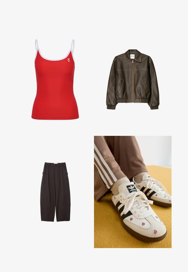 Brown leather bomber jacket with a zip front, pointed collar, elasticized cuffs and hem, and side pockets. Contrast stitching visible.; Red tank top with white straps, featuring a fitted design and logo detail on the left chest. Smooth texture, sporty style.; Black wide-leg trousers made from a smooth fabric, featuring a high waist, front pleats, and side pockets. Simple design without embellishments.; White leather sneakers with three black stripes and floral embroidery in purple and yellow. Brown rubber sole. Paired with beige ribbed socks.