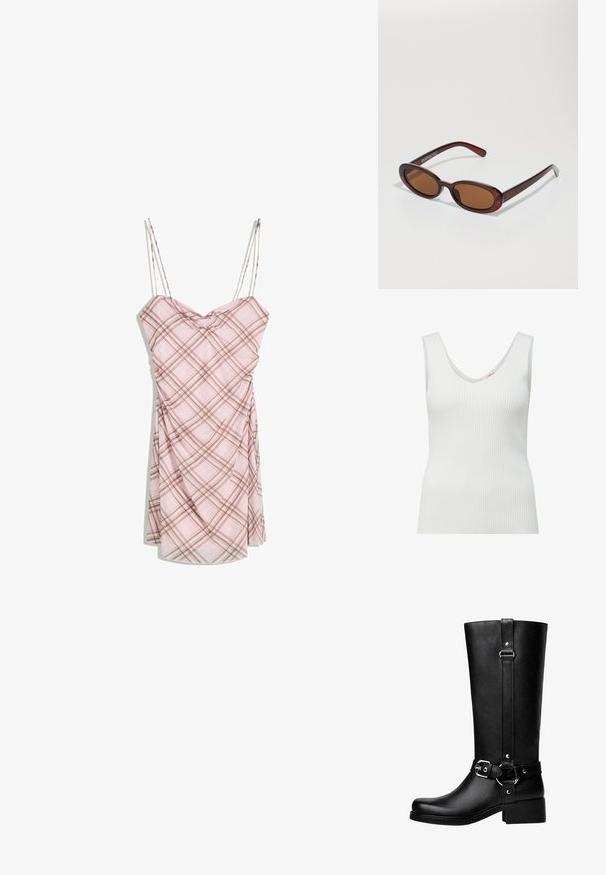 Brązowa skórzana kurtka bomberka z zapięciem na zamek, spiczastym kołnierzem, elastycznymi mankietami i dołem oraz bocznymi kieszeniami. Widoczne kontrastowe szwy.; Biały, ryflowany top na ramiączkach o bezrękawowym fasonie, głębokim dekolcie w kształcie V i dopasowanej sylwetce. Tekstura jest gładka z delikatnym streczem.; Różowa sukienka w kratę z cienkimi ramiączkami, z marszczoną górą, delikatnie drapowanym dołem i gładką teksturą materiału.; Wysokie czarne buty z faux skóry, z okrągłym noskiem, detalem klamry na pasku oraz grubym obcasem. Gładka tekstura i pionowa szew na cholewie.; Okrągłe, brązowe okulary przeciwsłoneczne z błyszczącą bordową oprawą. Cienkie ramiona z subtelnym detalem marki. Płaski kształt soczewek.; Czarna skórzana torba na ramię o zaokrąglonym kształcie, z regulowanym paskiem, złotymi akcentami wykończenia i gładką teksturą.