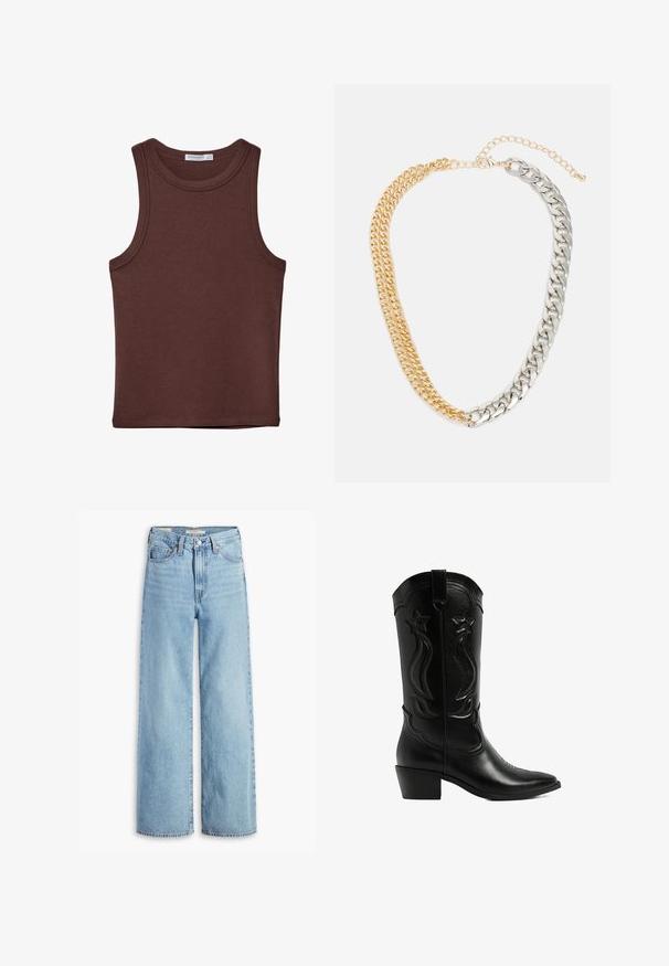 Ruskea nahkainen pommikonejacketti, jossa on vetoketjullinen etuosa, terävä kaulus, joustavat hihansuut ja helma sekä sivutaskut. Näkyvää kontrastiväristä ompelua.; Ruskea hihaton toppi, jossa on pyöreä pääntie. Valmistettu pehmeästä puuvillamateriaalista, siinä on hienovaraisia ompeleita ja tiukka malli. Ei kuvioita tai yksityiskohtia.; Korkeavyötäröiset, vaaleansiniset levenevät farkut, joissa on etupainike ja vetoketju, vyölenkit ja viisi taskua.; Mustat nahkacowboy-kengät, joissa on terävä kärki ja pinottu korko. Varressa on koristeellista tikkausta ja tähdenmuotoisia yksityiskohtia.; Kaksivärinen ketjukaulaketju, jossa vuorottelevat kultaiset ja hopeiset metallirenkaat. Vankka muotoilu, jossa on lukko ja säädettävä ketju pituuden vaihtelua varten.