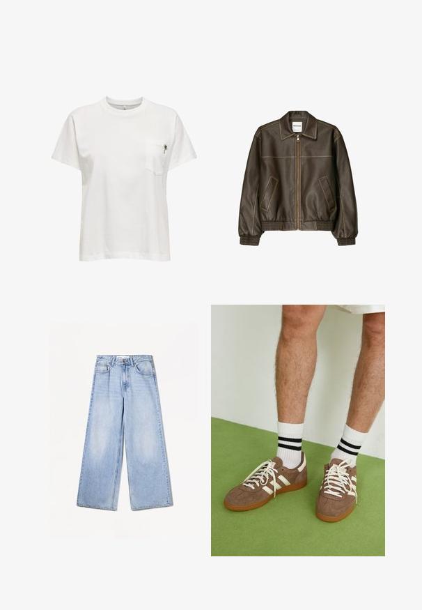 Jachetă bomber din piele maro cu fermoar frontal, guler ascuțit, manșete și tiv elasticizate și buzunare laterale. Costică contrastantă vizibilă.; Tricou alb din bumbac, cu guler rotund, mâneci scurte și un buzunar pe pieptul stâng, decorat cu un mic detaliu brodat în verde în formă de palmier.; Bershka WIDE-LEG - Wide leg - light-blue denim; Adidași maro din suede cu accente și șireturi albe. Talpă din cauciuc de culoare caramel. Purtați cu șosete albe cu dungi negre. Pardoseală verde texturată.