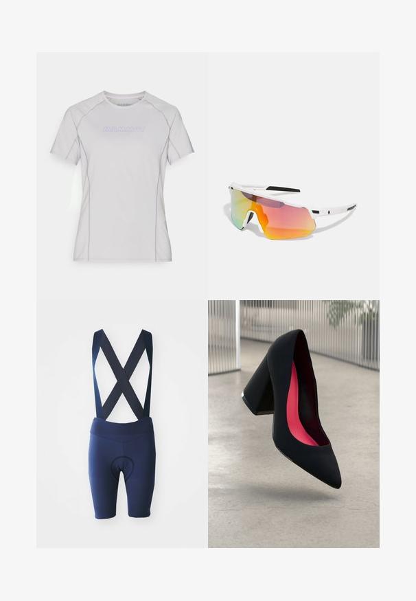 Rjava usnjena bomberska jakna z zadrgo spredaj, s koničastim ovratnikom, elastičnimi manšetami in robom, ter stranskimi žepi. Vidna kontrastna šivana.; Svetlo siva majica s kratkimi rokavi in okroglo ovratnikom, z vijoličnimi poudarki in logotipom 'MAMMUT' na sprednji strani. Mehka, gladka tkanina.; Mornarsko kolesarske hlače s križnimi naramnicami, zračen material, oblazinjen sedežni del in strukturni detajli ob nogah.; Črne visoke petke z nazobčanim prstom, teksturirano površino in živahnimi rožnatimi notranjimi deli. Imajo robustno peto z srebrnim akcentom.; Sweet Protection SHINOBI UNISEX - Sončna očala - rig topaz/satin white