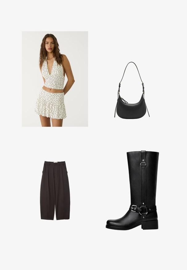 Brązowa skórzana kurtka bomberka z zapięciem na zamek, spiczastym kołnierzem, elastycznymi mankietami i dołem oraz bocznymi kieszeniami. Widoczne kontrastowe szwy.; Biały top na halter z czarnymi kropkami, z głębokim dekoltem w kształcie V i marszczonym designem. W zestawie z dopasowaną mini spódnicą z falbanami.; Czarne spodnie o szerokich nogawkach wykonane z gładkiego materiału, z wysokim stanem, plisami z przodu i bocznymi kieszeniami. Prosty fason bez zdobień.; Wysokie czarne buty z faux skóry, z okrągłym noskiem, detalem klamry na pasku oraz grubym obcasem. Gładka tekstura i pionowa szew na cholewie.; Czarna skórzana torba na ramię o zaokrąglonym kształcie, z regulowanym paskiem, złotymi akcentami wykończenia i gładką teksturą.