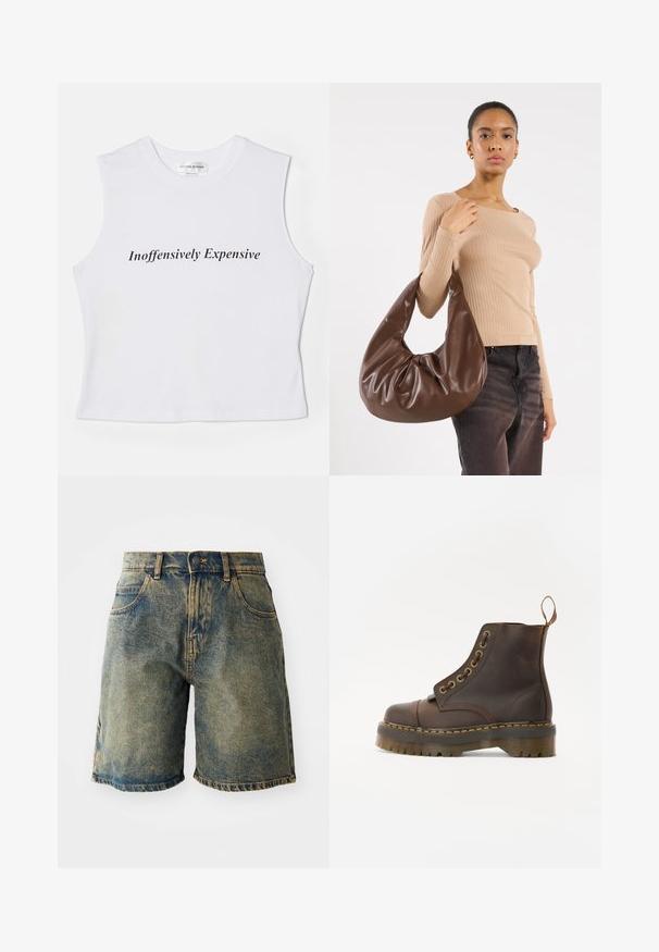 Barna bőr bombázó dzseki, elől cipzárral, hegyes gallérral, elasztikus mandzsettákkal és alsó résszel, valamint oldalsó zsebekkel. Kontrasztos varrás látható.; Fehér ujjatlan crop top, amelyen a "Inoffensively Expensive" felirat fekete színben található, puha pamutból készült, sima textúrával.; Kopott kék színű farmerrövidnadrág, öt zsebből áll, gombos záródással és megfröccsentett szegéllyel, enyhén kopottas textúrával.; Barna bőr bokacsizma, kerek orrral, kontrasztáló sárga varrással, dekoratív fém szemölcsökkel és bordázott gumitalppal.; Barna bőr hobo táska, laza fazonú és sima textúrájú. Egy modell viseli hétköznapian, nagy nyílással és lekerekített formával.