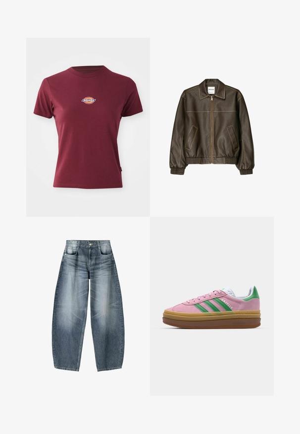 Brun læder bomberjakke med lynlåsfortil, spids krave, elastiske cuffe og kant, samt sidelommer. Kontrastsyninger synlige.; Bordeaux kortærmet t-shirt lavet af bomuld med rund halsudskæring og et lille multicoloreret "Dickies" logo på brystet.; Bredde jeans lavet af lyseblå denim med falmning, der har et fem-lomme design, knaplukning og minimale syninger.; Lyserøde ruskindsneakers med grønne striber, hvide accenter og en brun gummisål. Har tekstureret stof og logodetaljer på siden.