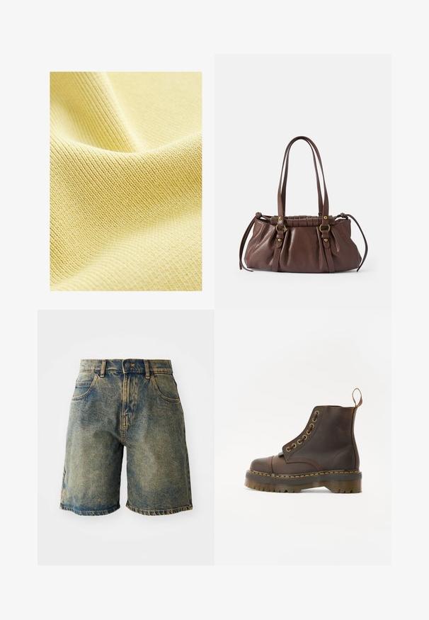 Brun läderbomberjacka med dragkedja fram, spetsig krage, elastiska manschetter och nederkant, samt sidofickor. Kontrastsydda sömmar synliga.; Texturerad gul tyg med ett fint ribbat mönster, slät yta och en mjuk, lätt utseende. Idealisk för kläder eller möbelklädsel.; Jeansshorts i en bleknad blå färg, med fem fickor, knappstängning och fransade kanter, samt en lätt förstörd textur.; Brun läderankelboot med rund tå, kontrasterande gul söm, dekorativa metallhål och en räfflad gummisula.; Brun läderhandväska med två långa handtag, samlad design, detaljer i guldton och en texturerad yta.