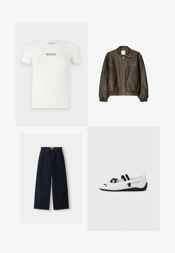 Rjava usnjena bomberska jakna z zadrgo spredaj, s koničastim ovratnikom, elastičnimi manšetami in robom, ter stranskimi žepi. Vidna kontrastna šivana.; Bela rebrasta majica s kratkimi rokavi, okroglim izrezom in črnim vezenim logotipom "guess jeans", ki je centriran na sprednji strani.; Temno modri široki jeans z visokim pasom, petimi žepi, kontrastnim šivanjem in srebrnim kovinskim okovjem. Gladka tekstura in čista končna obdelava.; Bele atletske čevlje v beli barvi z črnimi detajli, z zaobljenimi prsti, elastičnimi trakovi in teksturiranimi gumijastimi podplati. Puma logotip na sprednji strani.