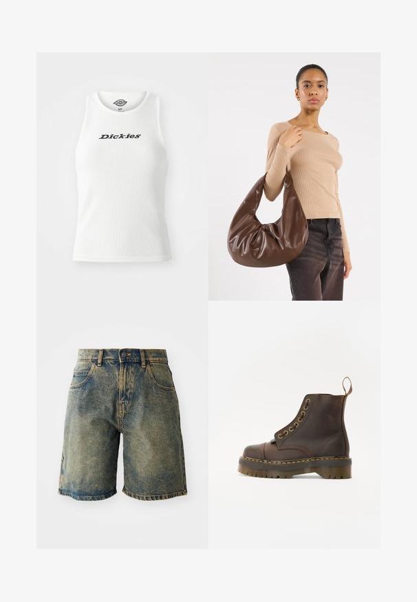 Hnědá kožená bombardovací bunda se zipem vpředu, špičatým límcem, elastickými manžetami a spodním lemem a bočními kapsami. Viditelné kontrastní švy.; Bílý žebrovaný tílko s kulatým výstřihem a bezrukávovým designem, se sloganem "Dickies" černým písmem na hrudi.; Džínové šortky v vybledlé modré barvě, s pěti kapsami, s knoflíkovým zapínáním a roztrhanými lemy, s mírně opotřebovanou texturou.; Hnědá kožená kotníková bota s kulatou špičkou, kontrastním žlutým švem, dekorativními kovovými očky a drážkovanou gumovou podrážkou.; Hnědá kožená kabelka hobo s volným designem a hladkým povrchem. Nositelná neformálně modelem, s velkým otvorem a zaobleným tvarem.
