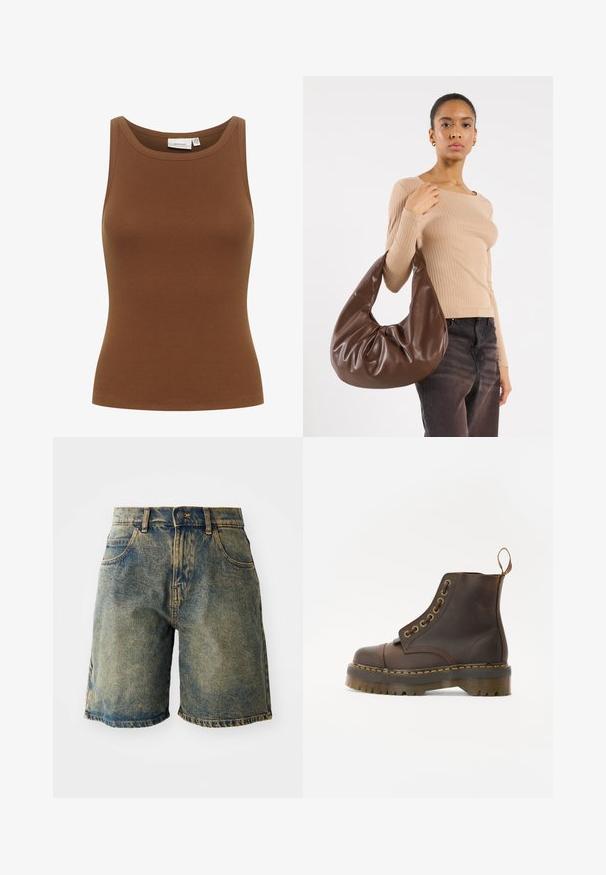 Giacca bomber in pelle marrone con zip frontale, colletto a punta, polsini e fondo elasticizzati, e tasche laterali. Cuciture in contrasto visibili.; Canottiera in cotone marrone a righe con scollatura rotonda e design aderente, caratterizzata da una texture liscia e maniche corte.; Pantaloni shorts in denim di colore blu sbiadito, con cinque tasche, chiusura a bottone e orli sfrangiati, presentano una texture leggermente usurata.; Stivale alla caviglia in pelle marrone con punta tonda, cuciture gialle a contrasto, occhielli decorativi in metallo e suola in gomma scanalata.; Borsa hobo in pelle marrone con un design morbido e una texture liscia. Indossata casualmente da un modello, presenta un'ampia apertura e una forma rotonda.