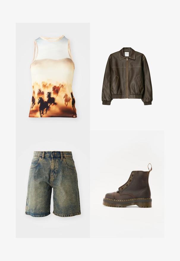 Bruine leren bomberjack met een ritssluiting aan de voorkant, puntige kraag, elastische manchetten en zoom, en zijzakken. Contrasterende stiksels zijn zichtbaar.; Mouwloos tanktop met een print van rennende paarden in bruine en crèmekleuren, gemaakt van een gladde stof met een ronde halslijn en een getailleerd ontwerp.; Denim shorts in een vervaagde blauwe kleur, met vijf zakken, een knoopsluiting en versleten zoomranden, met een licht beschadigde textuur.; Bruine leren enkellaars met een ronde neus, contrasterende gele stiksels, decoratieve metalen oogjes en een gegroefd rubberen zool.