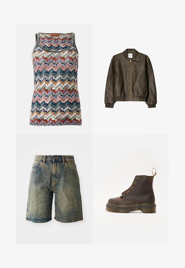 Brown leather bomber jacket with a zip front, pointed collar, elasticized cuffs and hem, and side pockets. Contrast stitching visible.; Sleeveless knit top with multicolor zigzag pattern in red, blue, black, white, and gold tones, featuring a scoop neckline and Missoni label.; Denim shorts in a faded blue color, featuring five pockets, a button closure, and frayed hems, with a slightly distressed texture.; Brown leather ankle boot with a round toe, contrasting yellow stitching, decorative metal eyelets, and a grooved rubber sole.