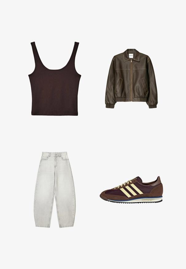 Bruine leren bomberjack met een ritssluiting aan de voorkant, puntige kraag, elastische manchetten en zoom, en zijzakken. Contrasterende stiksels zijn zichtbaar.; Donkerbruin geribd tanktop met brede schouderbanden en een aansluitend ontwerp. De stof is zacht met een gladde textuur en een cropped lengte.; Lichtgrijze wijde spijkerbroek van denim met een vervaagde afwerking. Beschikt over voor- en achterzakken, een knoopsluiting en riemlussen.; Bruine en bordeauxkleurige sneaker van suede en mesh materiaal, met drie crèmekleurige strepen, een gemêleerd stof op de tong en een rubberen zool.