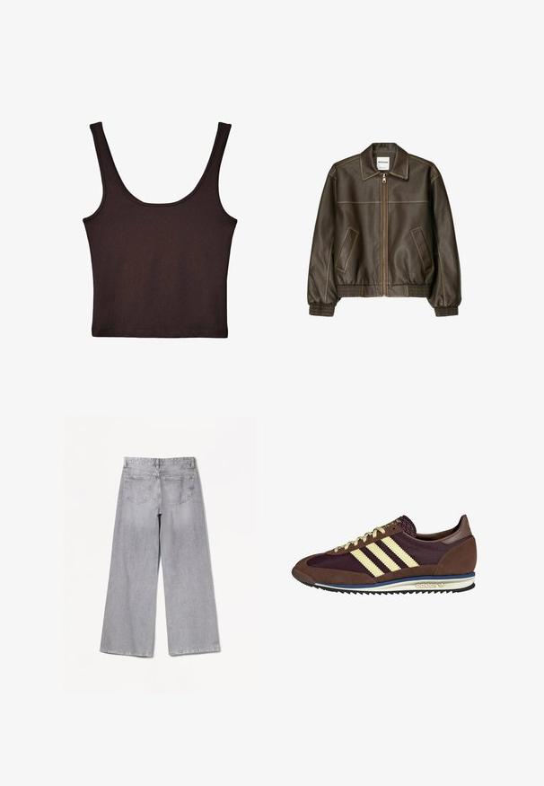 Smeđa kožna bomber jakna s patent-zatvaračem sprijeda, šiljatim ovratnikom, elastičnim manžetama i rubom, te bočnim džepovima. Vidljivo kontrastno šivanje.; Tamno smeđa rebrasta majica bez rukava sa širokim naramenicama i prilagođenim krojem. Tkanina je mekana sa glatkom teksturom i kraćim krojem.; Bershka WIDE-LEG - Široke nogavice - grey; Smeđi i burgundski teniski s uzorcima od antilopa i mrežastih materijala, s tri kremaste pruge, teksturiranim materijalom na jeziku i gumeni potplat.