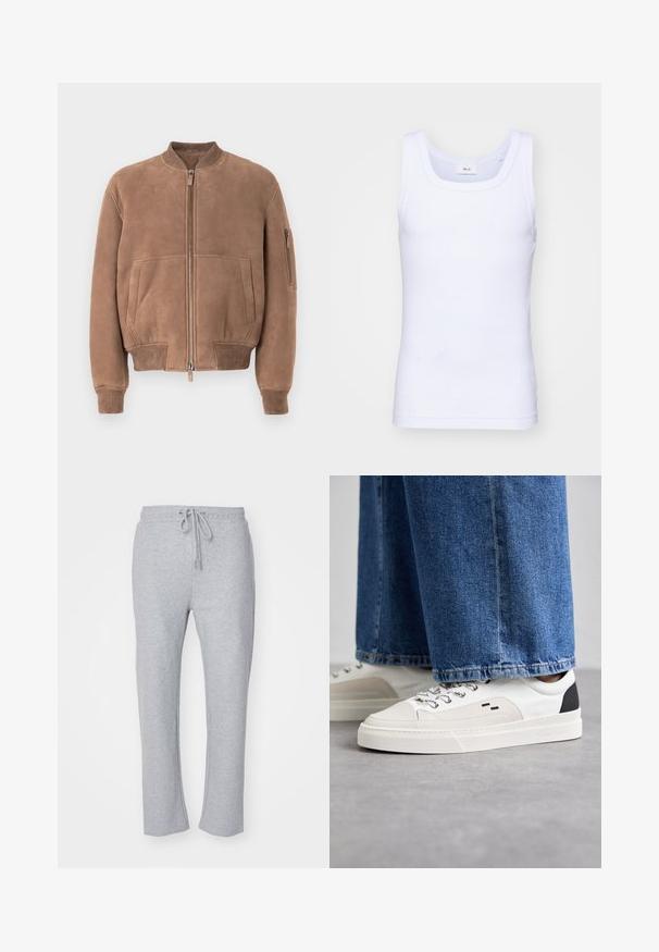 Barna velúr bomberdzseki cipzárral, bordázott gallérral, mandzsettákkal, derékpánttal, oldalsó zsebekkel és cipzáras zsebbel a bal ujjon.; Fehér pamut ujjatlan trikó kerek nyakkivágással, sima textúrával és testhezálló fazonnal, amelyet hétköznapi viseletre terveztek.; Szürke melegítőnadrág puha jersey anyagból, húzózsinórral ellátott derékkal és egyenes lábformával, további minták vagy díszítések nélkül.; Fehér és fekete sportcipők sima bőrből készült felsőrésszel, texturált díszítésekkel és vastag fehér talppal. Klasszikus fűzős kivitel jellemzi.