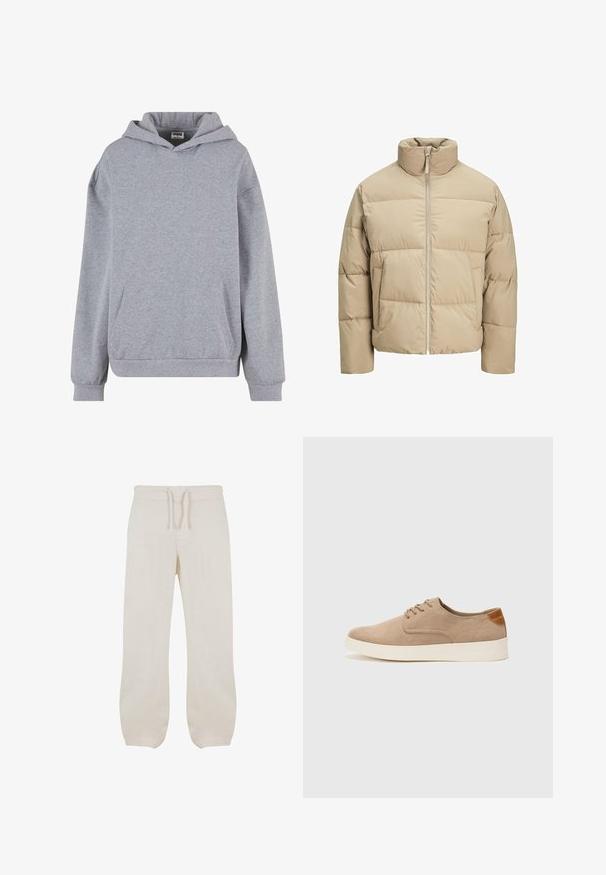Beige puffer jacket with a high collar, front zip closure, oversized fit, horizontal quilted sections, and side pockets.; Gray hooded sweatshirt. Made of soft fabric, features a front pocket, ribbed cuffs, and hem. Simple design with no additional patterns or details.; Light beige linen pants with an elastic waistband and drawstring. Straight leg design with a smooth texture and slight taper at the ankles.; Beige suede sneakers with a rounded toe, lace-up front, and a textured back accent. White rubber sole provides contrast. Simple and modern design.