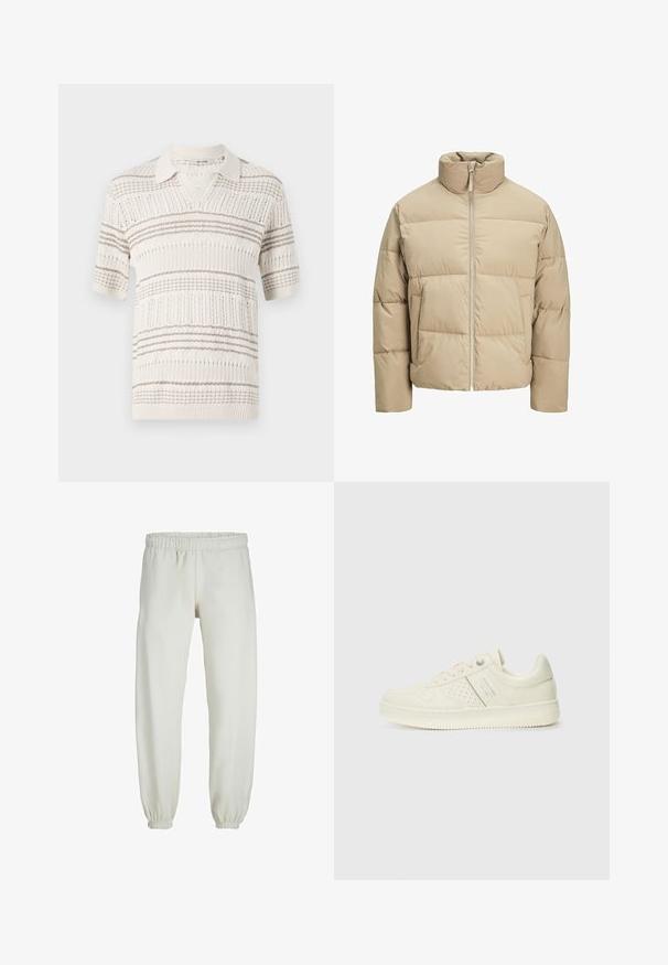 Béžová péřová bunda s vysokým límcem, předním zipem, př oversized střihem, vodorovně prošívanými sekcemi a bočními kapsami.; Pletené polo tričko s krátkým rukávem v béžové barvě s světle hnědými vodorovnými pruhy. Má límeček a texturovaný vzor po celém povrchu.; Bílé tepláky vyrobené z měkkého materiálu, s elastickým pasem a manžetami, s hladkou texturou a volným střihem.; Světlé krémové tenisky s perforovanými detaily, šněrováním a logem na boku, vystavené na jednoduchém bílém pozadí.