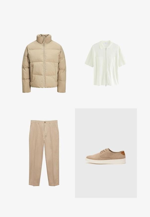 Giubbotto imbottito beige con colletto alto, chiusura frontale a zip, vestibilità oversize, sezioni trapuntate orizzontali e tasche laterali.; Camicia bianca a maniche corte con zip, realizzata in tessuto testurizzato, caratterizzata da un colletto e due tasche frontali con pattine quadrate.; Chinos beige in cotone con design a gamba dritta. Presentano tasche anteriori, chiusura con bottone e una superficie liscia.; Sneaker in suede beige con punta arrotondata, stringhe davanti e un accento testurizzato sul retro. La suola in gomma bianca offre un contrasto. Design semplice e moderno.