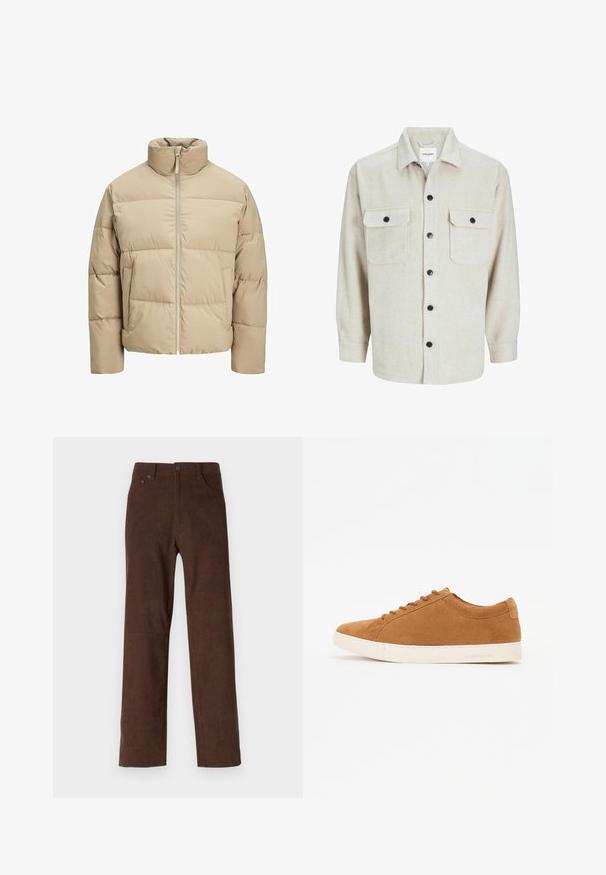 Veste matelassée beige avec un col montant, fermeture éclair à l'avant, coupe oversize, sections matelassées horizontales et poches latérales.; Chemise en flanelle beige avec un col, dotée de deux poches poitrine, de boutons noirs et de manches longues avec des poignets à bouton.; Pantalons en velours côtelé marron avec une coupe droite, dotés d'une fermeture à bouton et zip, de deux poches avant et d'un motif en relief texturé.; Baskets en daim marron avec un design basse, semelle en caoutchouc blanche et bout rond. Présente des lacets assortis et un branding minimal au niveau du talon.