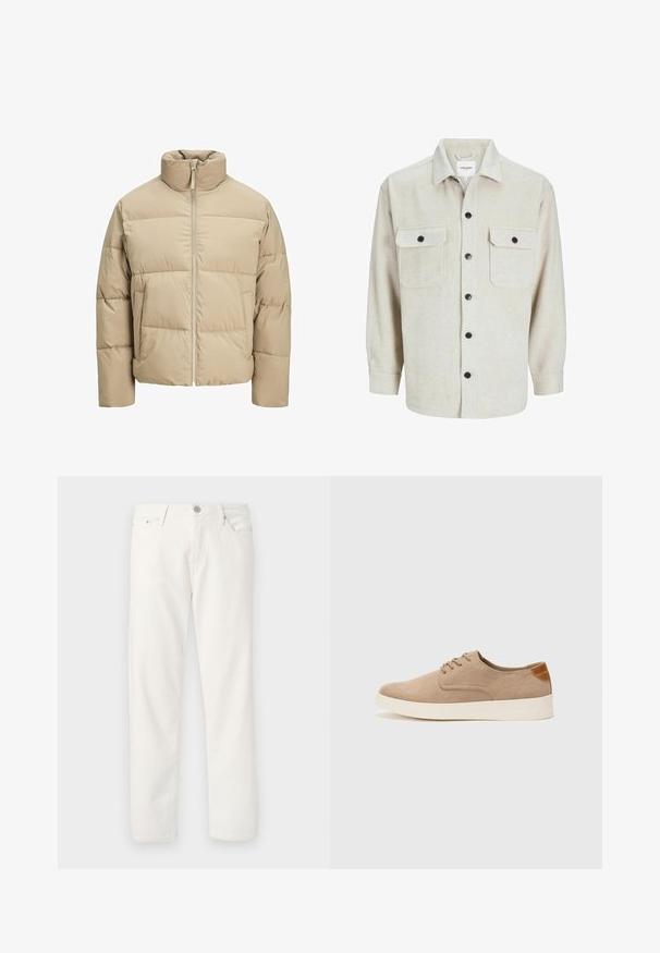 Béžová puffrová bunda s vysokým golierom, predným zipsovým uzávere, oversized strihom, horizontálne prešívanými sekciami a bočnými vreckami.; Bežová flanelová košeľa s golierom, obsahujúca dve náprsné vrecká, čierne gombíky a dlhé rukávy s gombíkovými manžetami.; Biele denimové nohavice so strihom rovného strihu, päť vreciek, so zipsom a gombíkom, a jemnou textúrou. Obsahujú pútka na opasok a kontrastné šitie.; Béžové semišové tenisky s okrúhlou špičkou, šnurovaním vpredu a textúrovaným zadným akcentom. Biela gumová podrážka poskytuje kontrast. Jednoduchý a moderný dizajn.