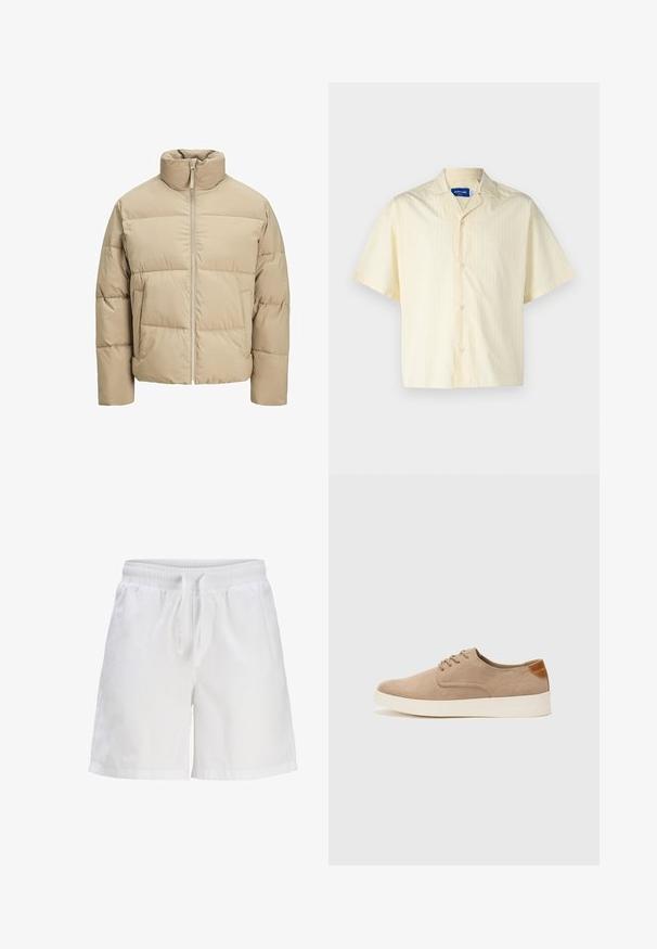 Béžová péřová bunda s vysokým límcem, předním zipem, př oversized střihem, vodorovně prošívanými sekcemi a bočními kapsami.; Jack & Jones JORBOXY SHIRT - Košile - antique white; Bílé bavlněné kraťasy s elastickým pasem a šňůrkou. Mají pohodlný střih a boční kapsy.; Béžové semišové tenisky s kulatou špičkou, šněrováním vpředu a texturovaným zadním akcentem. Bílá gumová podrážka poskytuje kontrast. Jednoduchý a moderní design.